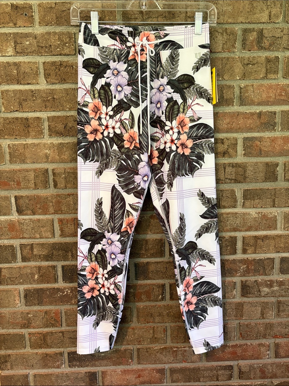 EleVen by Venus Williams White Floral Leggings with Pink & Purple Blooms